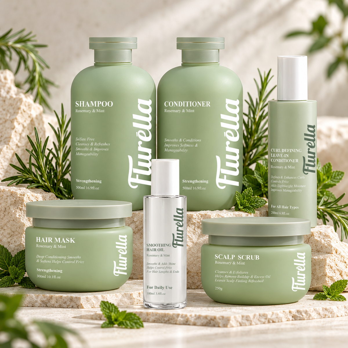 Flurella Rosemary & Mint Strengthening Hair Care Set – 6 Pieces